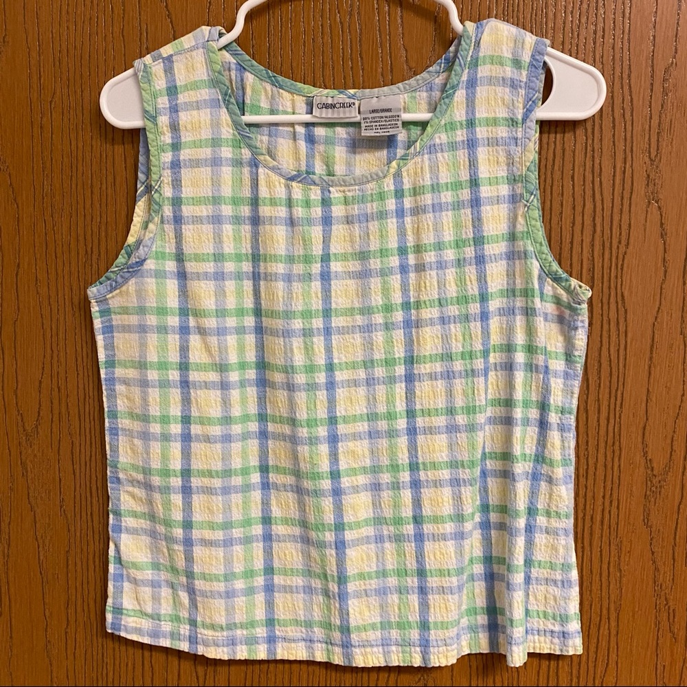 Cabin Creek green and yellow plaid  tank top large picnic pattern loose tank